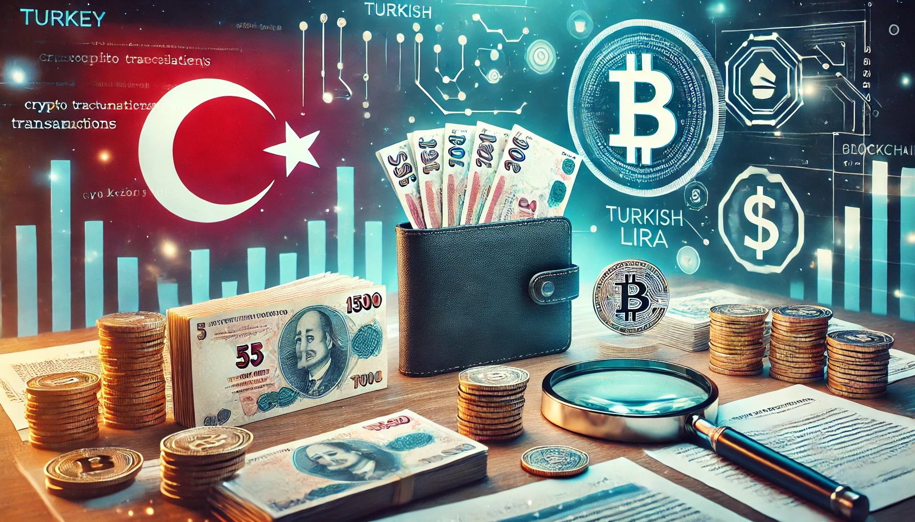 illustrating the new cryptocurrency regulations in Turkey. The design includes a digital wallet and Tu