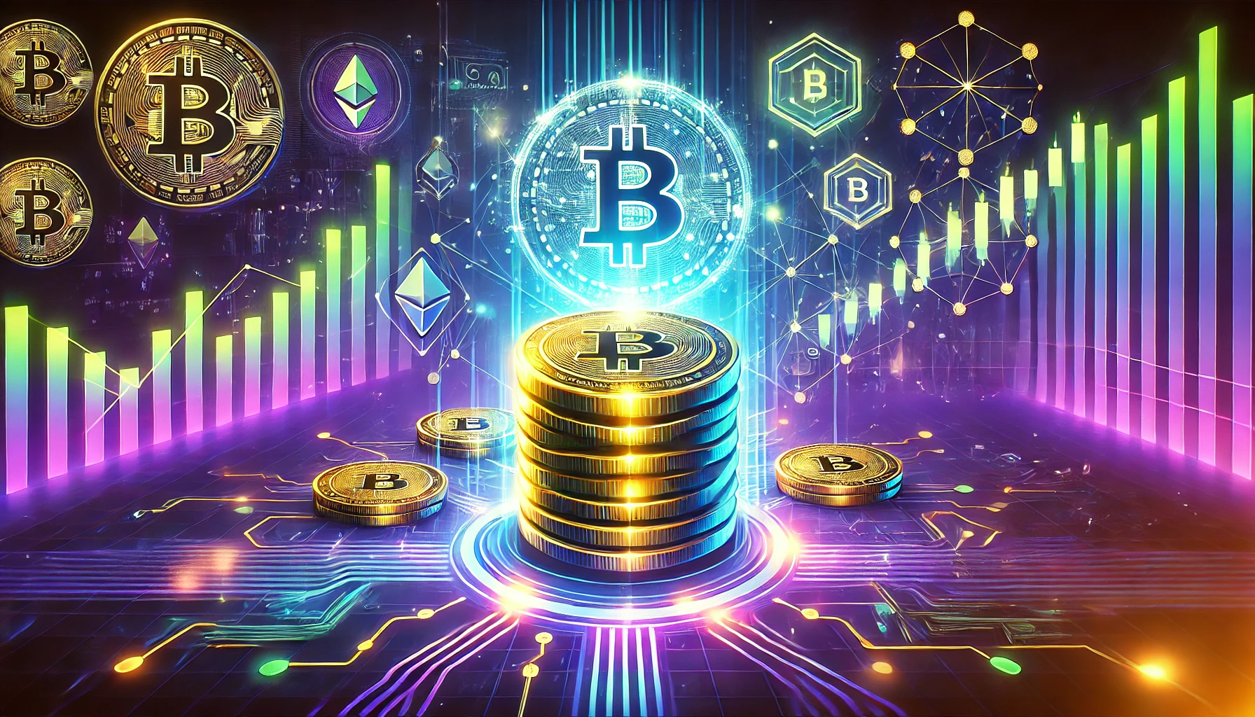 on crypto staking. The image features a glowing stack of coins surrounded by interconnected bloc