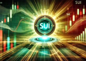 representing SUI cryptocurrency at the critical 4 price level. The design features a glowing SUI logo at the center surr