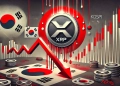 representing XRP is price decline. The design includes a large XRP logo descending on a red financial chart symbolizing the