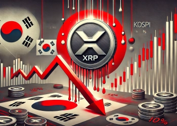 representing XRP is price decline. The design includes a large XRP logo descending on a red financial chart symbolizing the