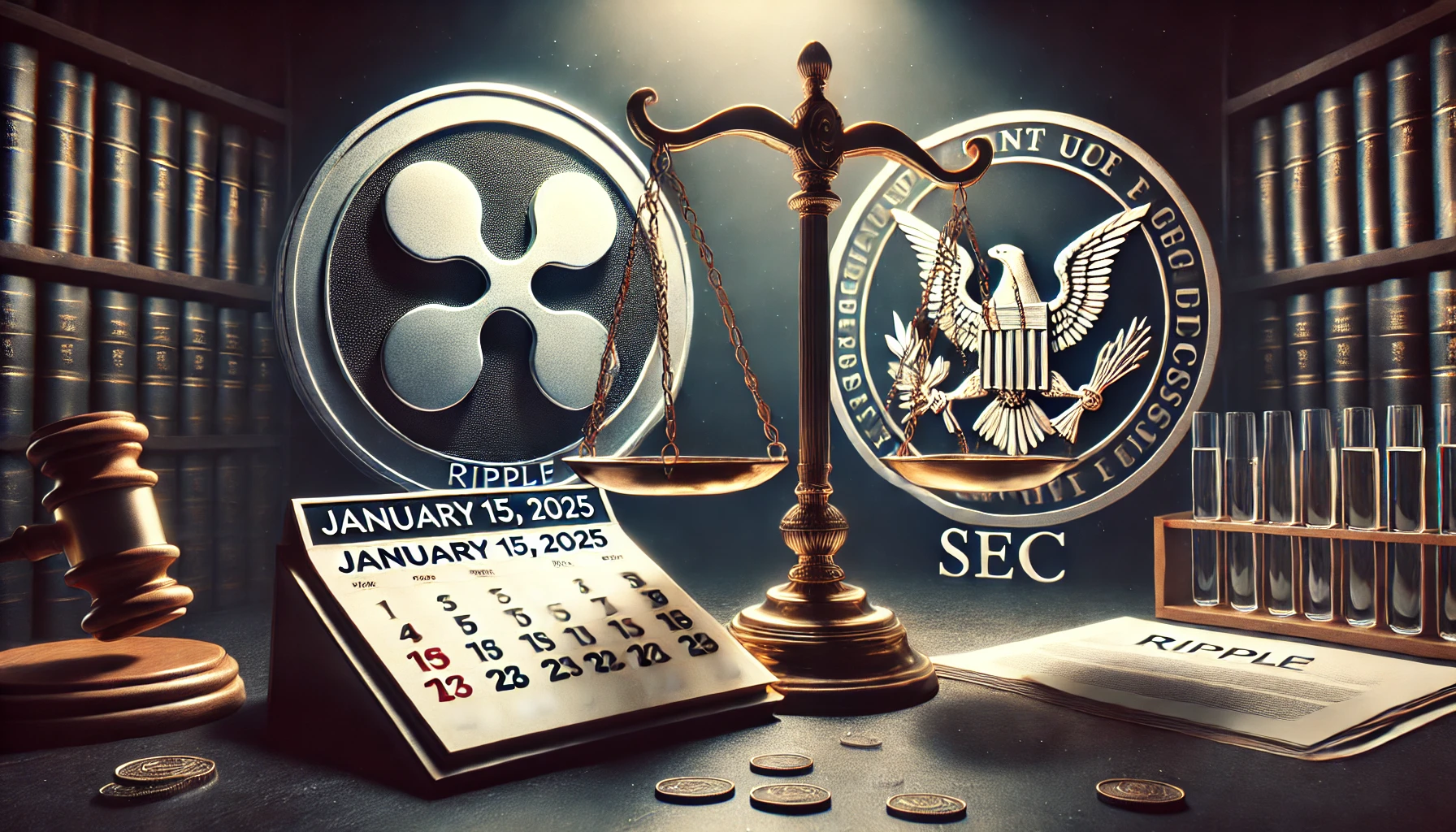 representing the Ripple vs. SEC case. The image features a balanced scale symbolizing justice with the R