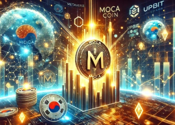 representing the rapid surge of MOCA Coin featuring glowing MOCA tokens alongside the logos of South Kor