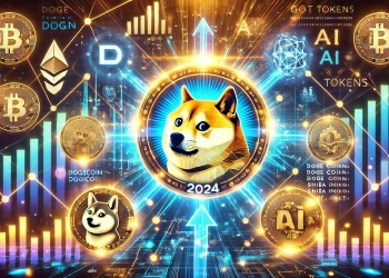 rise of meme coins and AI tokens in 2024. The design includes Dogecoin DOGE Shiba Inu SHIB