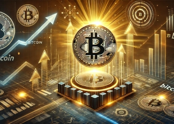 showcasing Bitcoin in a futuristic setting. The image features a prominent glowing Bitcoin logo rising toward