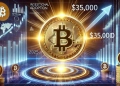 showcasing Bitcoin is 2025 price predictions. The image features a large glowing Bitcoin symbol sur