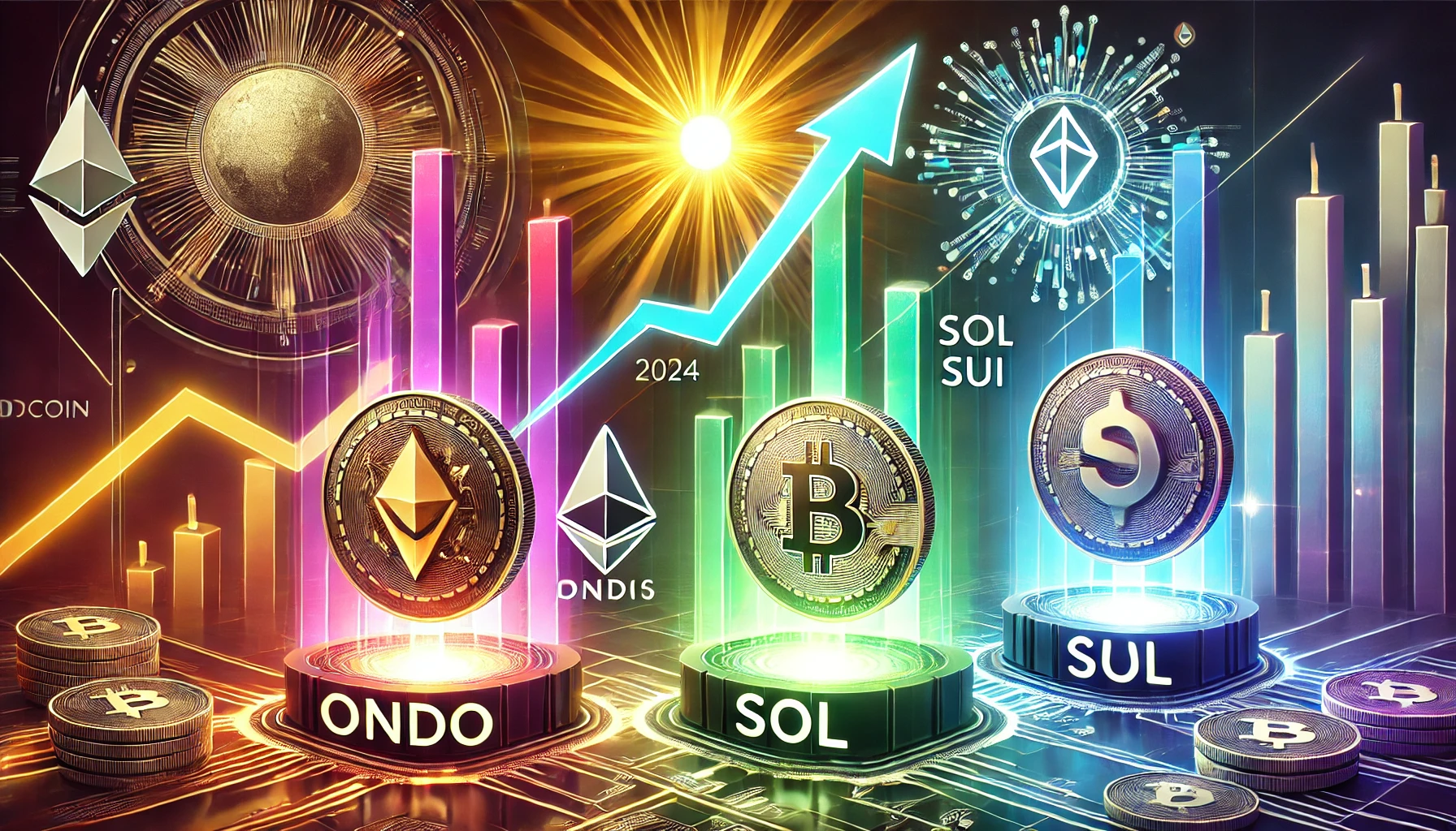 showcasing ONDO SOL and SUI cryptocurrency logos each representing their standout performance in the