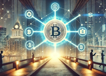 stablecoins as a financial bridge in 2025. The image features a stablecoin symbol glowing at the center with connect