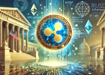 the concept of Ripple is RLUSD stablecoin. The image features a glowing RLUSD coin symbol blending elements of b