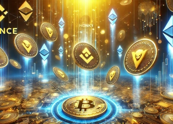 the concept of cryptocurrency airdrops showcasing coins raining down from the sky with glowing Binance FLOK