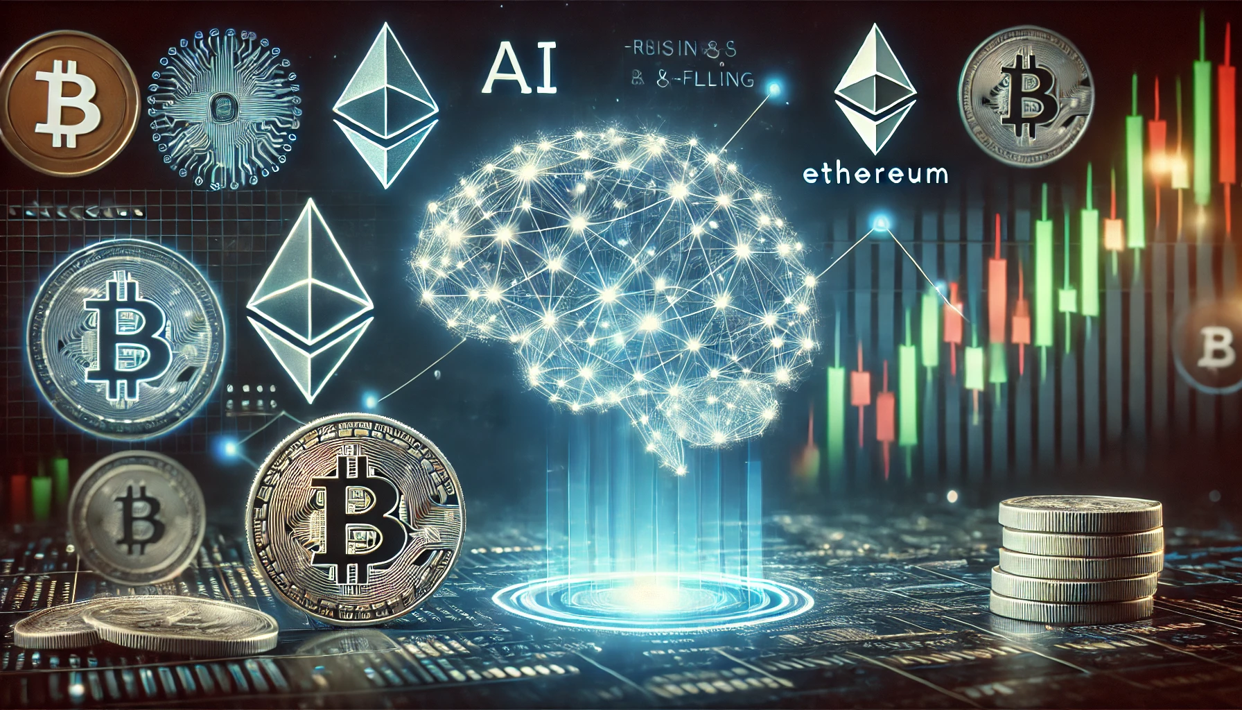 the integration of AI in crypto trading. The scene features a glowing brain representing AI interconnected with cr