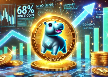 the rise of Moo Deng MOODENG as a meme coin. The design features a glowing MOODENG token with elements of