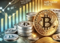 Bitcoin and silver coins prominently displayed symbolizing safe haven assets. The image