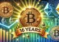 Bitcoin is 16th anniversary. The image features a glowing Bitcoin logo with a prom