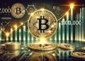 Bitcoin is price at 97000. The image features a glowing Bitcoin logo upward t