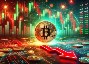 Bitcoin market. The image features a glowing Bitcoin coin with a downward price graph i