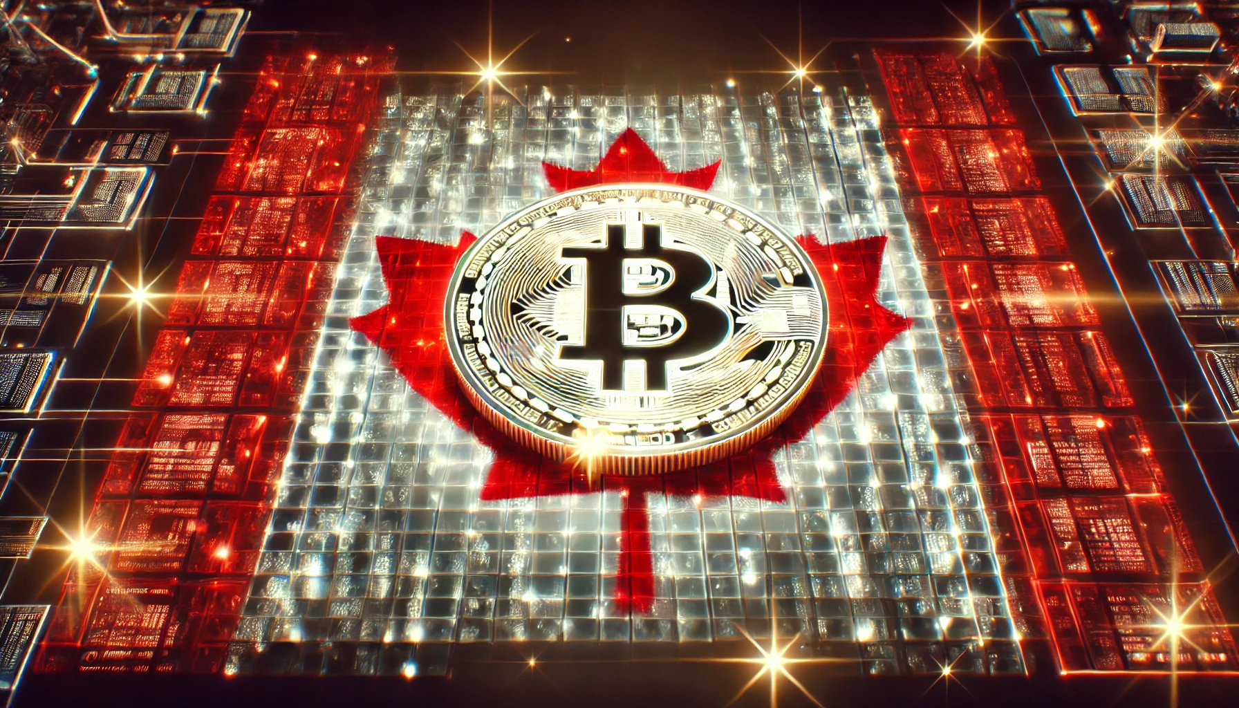 Canada embracing cryptocurrency. The design features a glowing Bitcoin symbol emerging from a digital