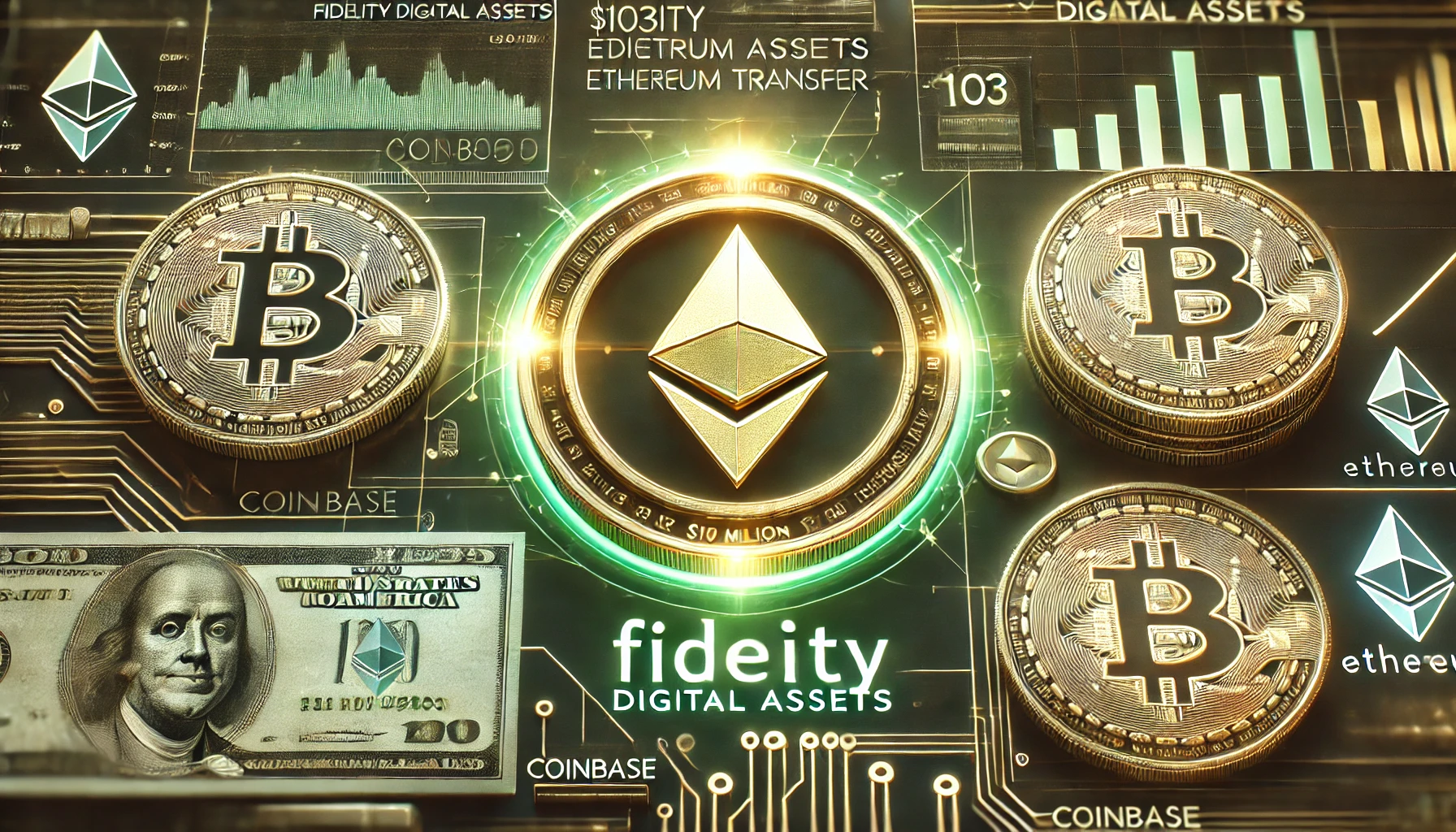 Fidelity Digital Assets 103 million Ethereum transfer. Highlight a glowing Ethereum coin in the center with a fu