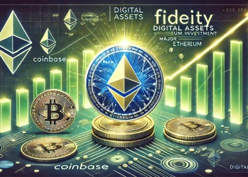 Fidelity Digital Assets major Ethereum investment. Place a shining Ethereum coin in the center surrounded b