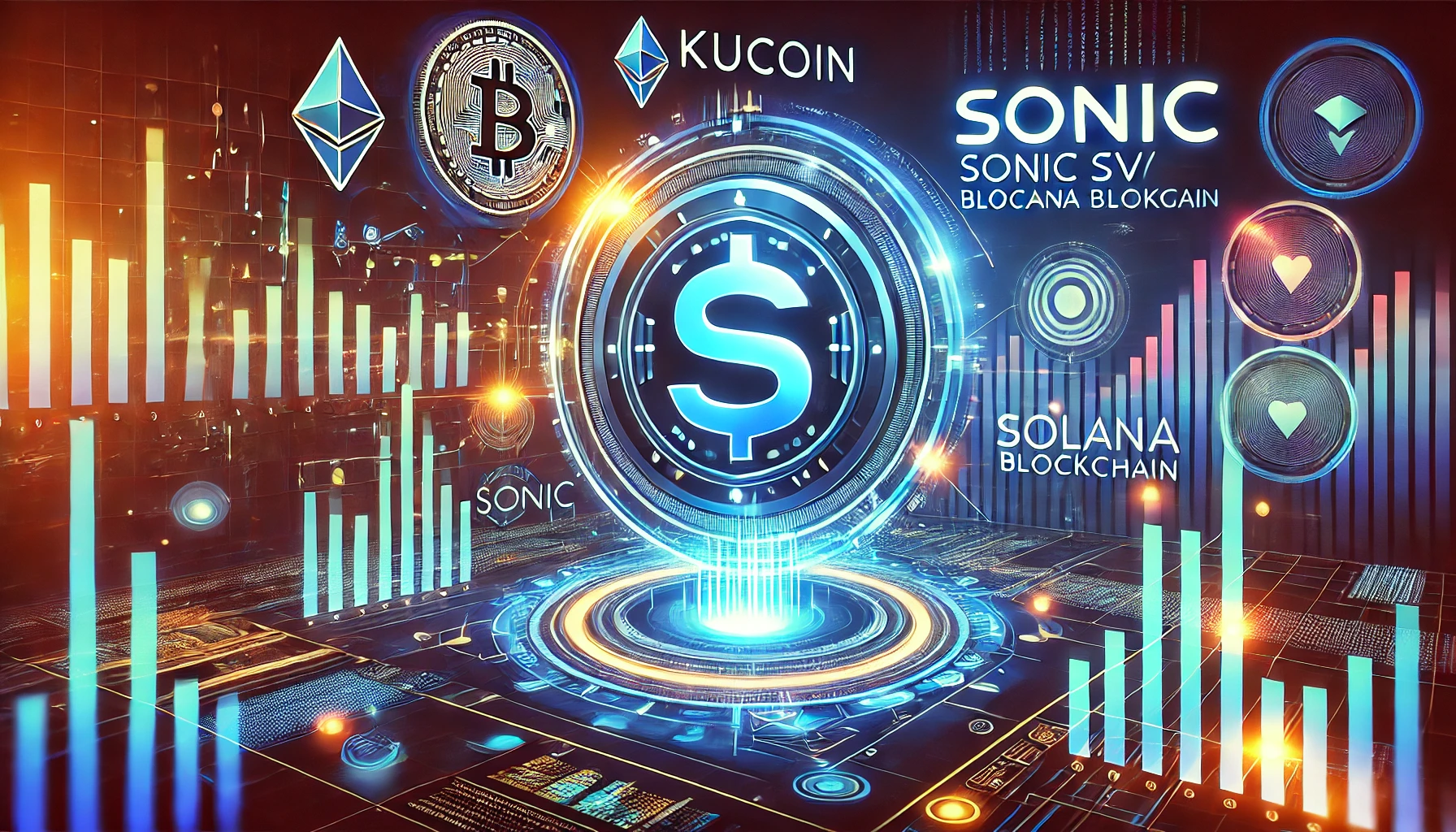 KuCoin logo and Sonic SVM SONIC token emphasizing its Solana blockchain connection. The desi