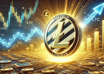 Litecoin LTC surging in value. The image features a glowing Litecoin coin rising against a backd