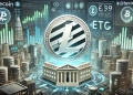 Litecoin logo prominently set in a high tech financial landscape. The background features digital financial charts the S