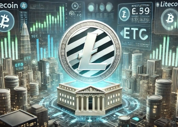 Litecoin logo prominently set in a high tech financial landscape. The background features digital financial charts the S