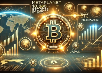 Metaplanet is ambitious goal of 10000 BTC by 2025. The image features a glowing Bitcoin logo prominently di