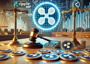 Ripple and the SEC. The Ripple logo and SEC emblem are placed on opposite sides of a virtual court