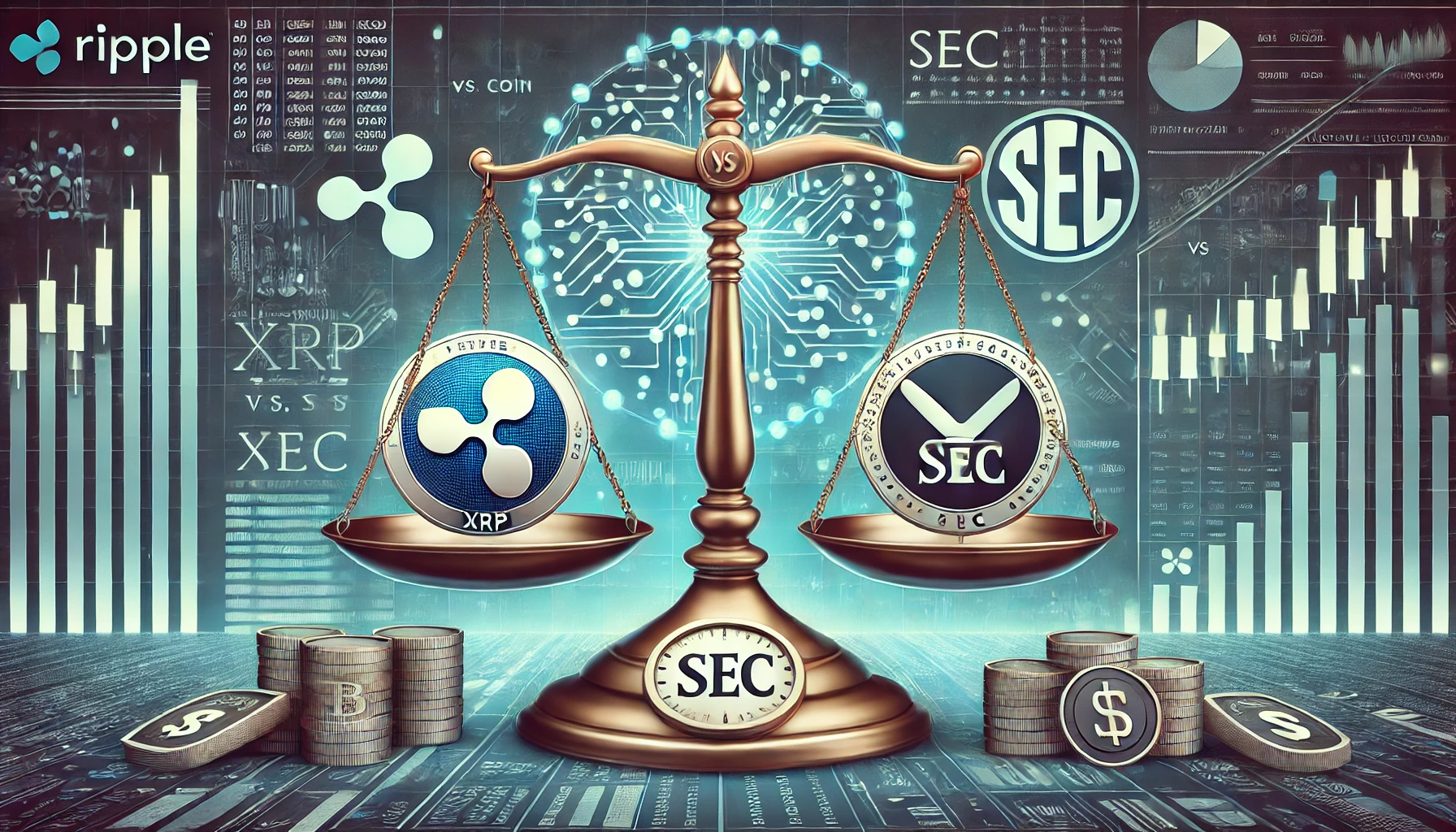 Ripple vs. SEC case. The image features a balanced scale with an XRP coin on on