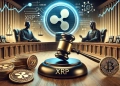 Ripple vs. SEC legal battle. The design features a symbolic courtroom with XRP tokens o