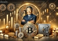 Robert Kiyosaki alongside the Bitcoin logo with a futuristic financial backdrop. The background includes a digital chart show