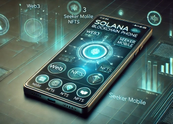 Solana blockchain phone Seeker Mobile. The design features the phone with a glowing display highligh