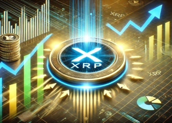 XRP cryptocurrency. The XRP logo is displayed prominently on a glowing digital grid surrounded by upwar