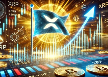 XRP is bullish momentum featuring a glowing XRP logo breaking out of a flag pattern on a price chart. The ba