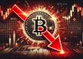 cryptocurrency market decline. The design includes a glowing Bitcoin logo overshadowed