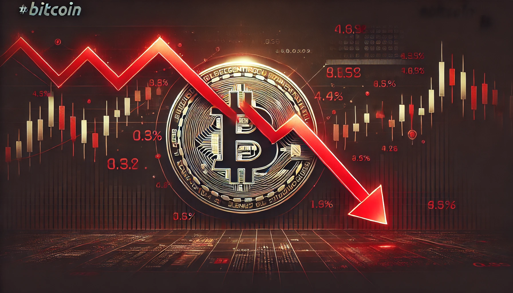 cryptocurrency market downturn featuring a red downward trend line over a Bitcoin logo. The backgrou