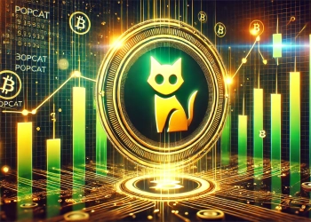 cryptocurrency themed illustration representing Popcat is recent price surge. The image features a glowing Popcat logo rising candl