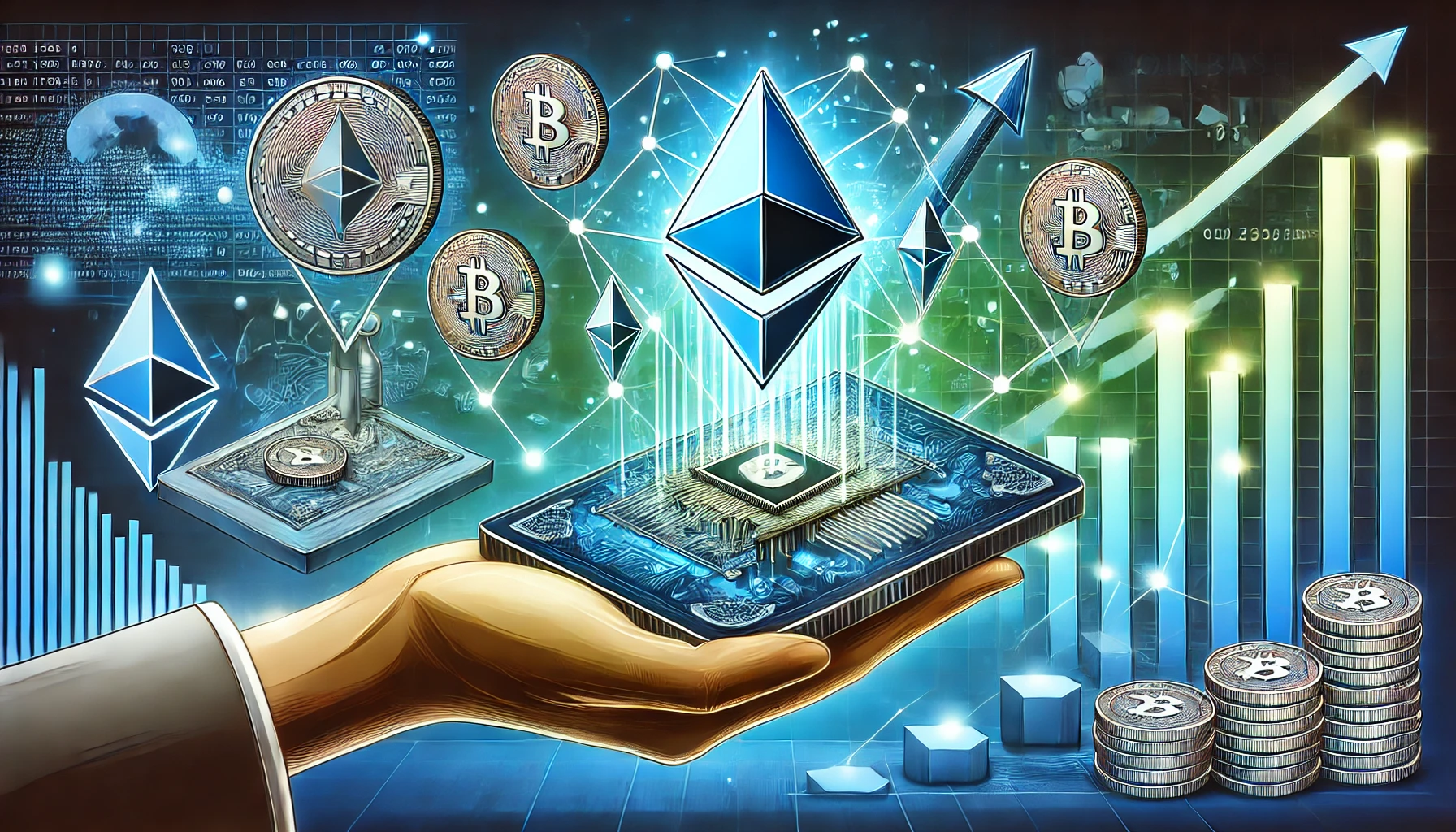 depicting Ethereum ETH coins being transferred to a platform like Coinbase. The design sho