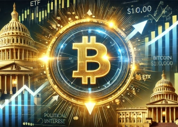 showcasing Bitcoin nearing 100000. The image features a prominent glowing Bitcoin symbol surrounded