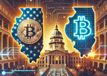 the U.S. states of Illinois and Indiana with glowing Bitcoin symbols overlaid on them. In the