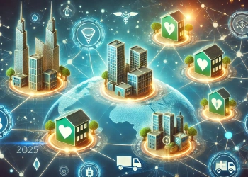 tokenization in 2025. The image features blockchain nodes connected to real world