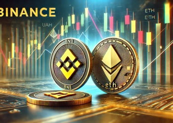 Binance is logo with BNB and ETH coins prominently displayed. The background includes a financial ch