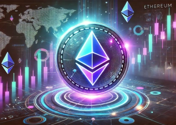 Ethereum coin at the center. The coin emits a blue and purple neon light surro