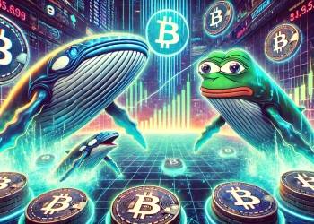 crypto whales investing heavily in meme coins. The image features a futuristic financial chart with the Pepe PEPE