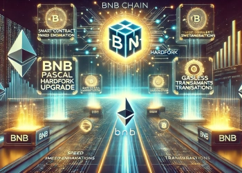 BNB Chain Pascal Hardfork upgrade featuring blockchain technology with glowing nodes and a high tech network