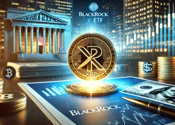 BlackRock is potential XRP ETF application. The image features a glowing XRP coin in the foreground with the Black