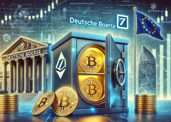 Deutsche Boerse is Bitcoin and Ethereum custody services in Europe. The scene features a modern financial building with t